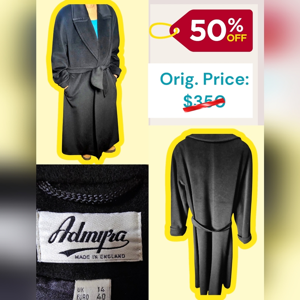 Admy'ra - Full Length Black Virgin Wool Coat, Vintage, Womens Sz, 12 (US).
